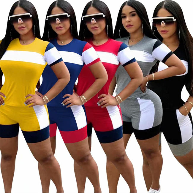 Womens Casual 2 Piece Outfit Color Block Short Sleeve T Shirt Bodycon Biker Shorts Sexy Active Tracksuits